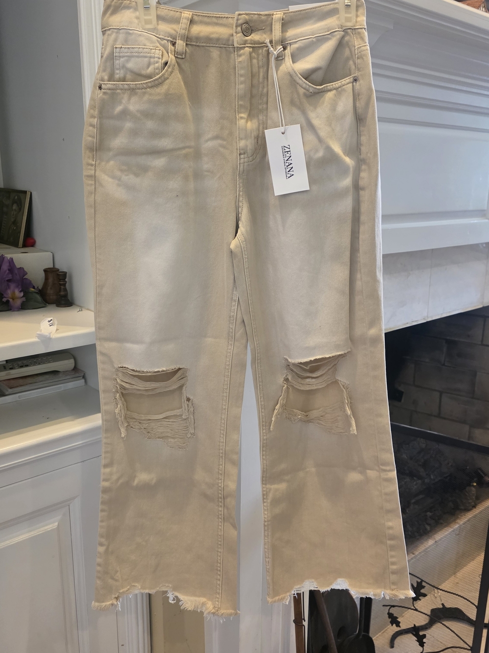 Zenana Outfitters Women's Distressed Wide-Leg Jeans β Cream